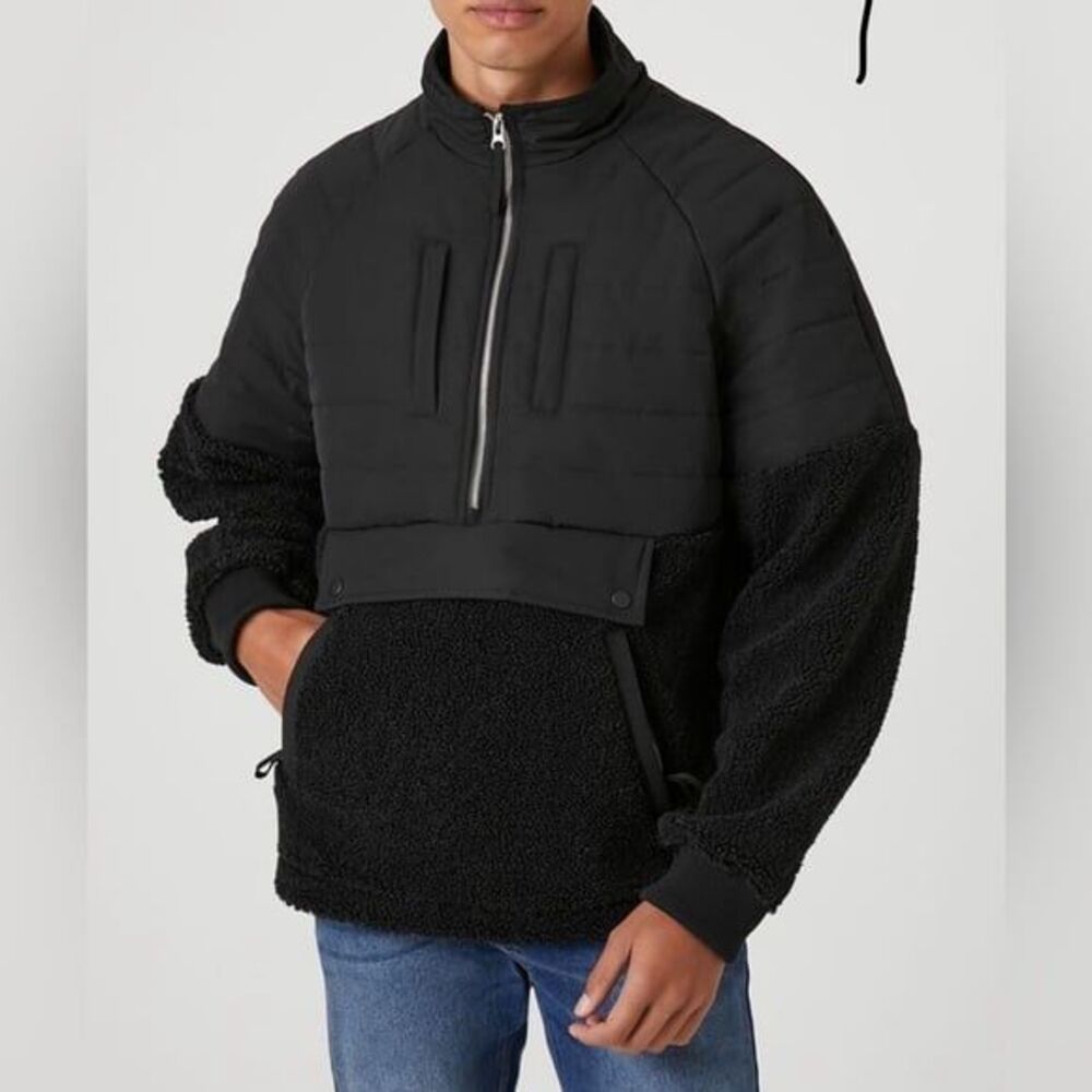Forever 21 Men's Half-Zip Puffer Jacket Faux Shearling Raglan Large Black $79